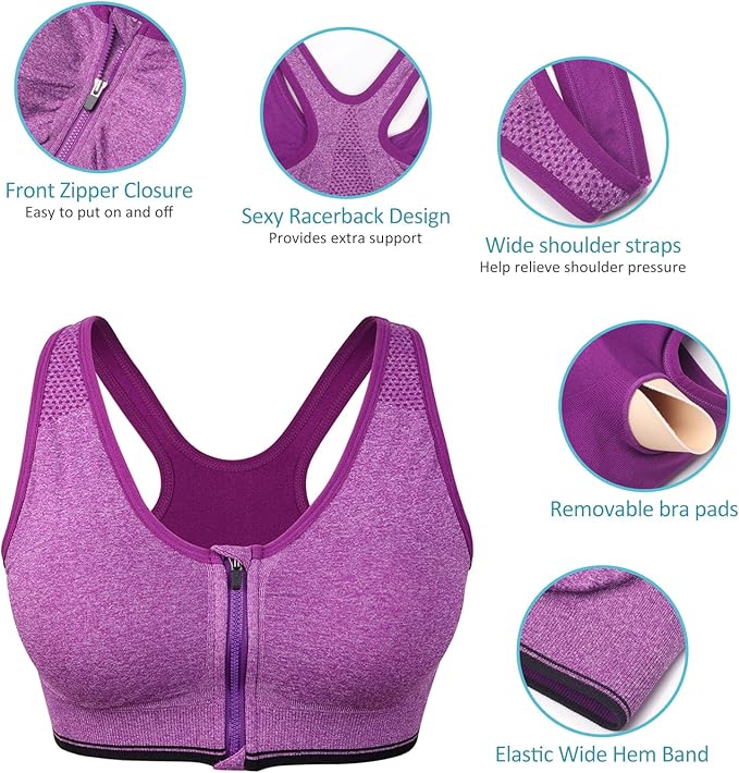 Women's Zip Front Sports Bra Wireless Post-Surgery Bra Active Yoga Sports Bras