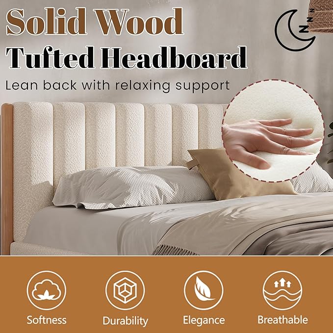 King Size Bed Frame with Boucle Upholstered Headboard, Solid Rubberwood Legs & Vertical Striped Design, Sturdy Wood Slat Support Boucle Bed Frame, No Box Spring Needed, White