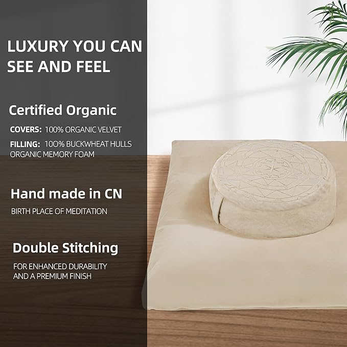 ellier Zafu & Zabuton Meditation Cushion Set - Buckwheat Hull & Memory Foam Pillows, Ergonomic Support for Yoga, Mindfulness - Organic Velvet Cover, Large Size, Durable Comfort (Khaki)