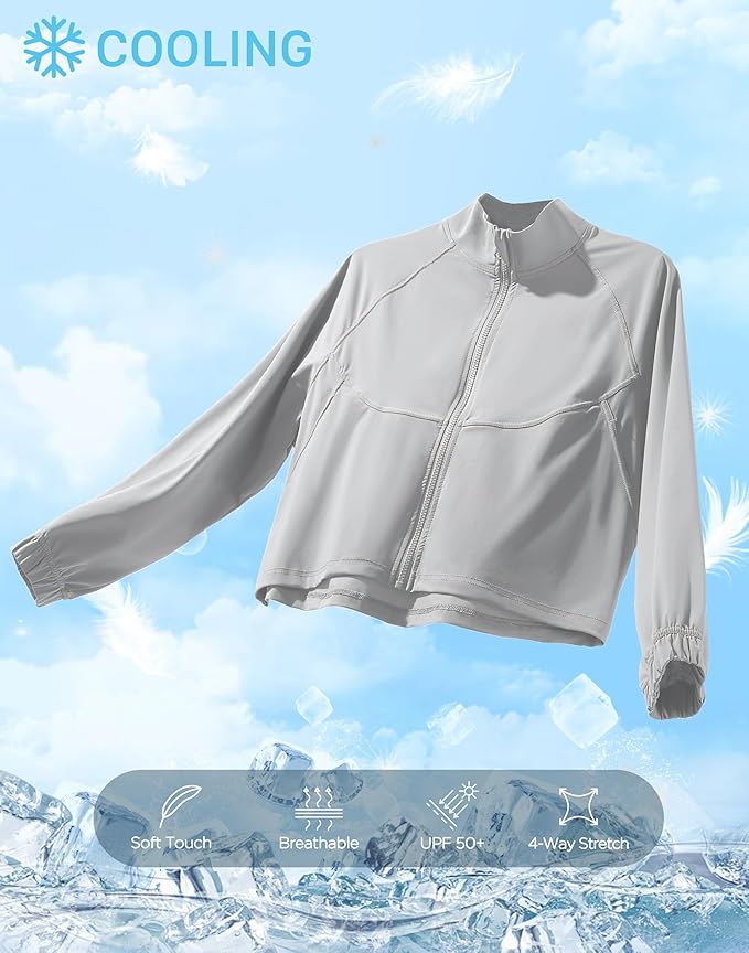Soothfeel Women's Athletic workout Jacket Lightweight UPF 50+ Long Sleeve Sun Protection Shirts Zip Up Cropped Hiking Tops