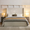 Queen Size Upholstered Platform Bed Frame, 54" High Headboard Carmen Wingback Bed, Fully Upholstered Mattress Foundation, No Box Spring Needed No Noise, Minimalist, Textured Ivory