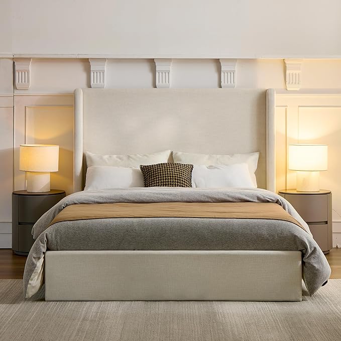 Queen Size Upholstered Platform Bed Frame, 54" High Headboard Carmen Wingback Bed, Fully Upholstered Mattress Foundation, No Box Spring Needed No Noise, Minimalist, Textured Ivory