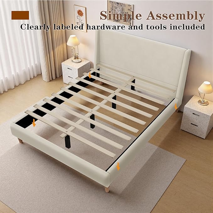 Queen Size Upholstered Platform Bed Frame, Modern Wingback Beds with Tall Headboard, Upholstered Bed Frames with Walnut Wooden Legs, No Box Spring Needed/Easy Assembly, Beige Velvet