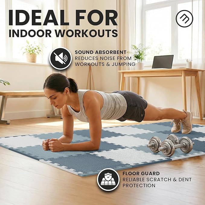 bemaxx Gym Mats Set - 18 pcs EVA Interlocking Foam Floor Tiles (12.6"x12.6"x0.4") 18sqft Protective Gym Flooring Sports Home Workout Exercise Mats Puzzle Garage Fitness Play-Room Pool Treadmill Bike