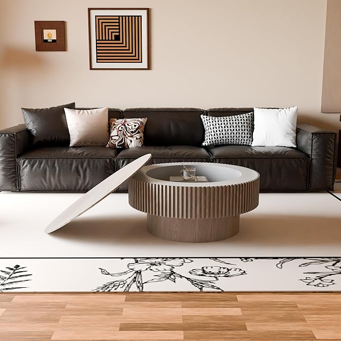 31.5'' Round Coffee Table with Storage, Modern Luxury Circle Drum Center Tables with Solid Wood Veneered, Accent Side Coffee Table for Living Room, Bedroom, Apartment-Grey
