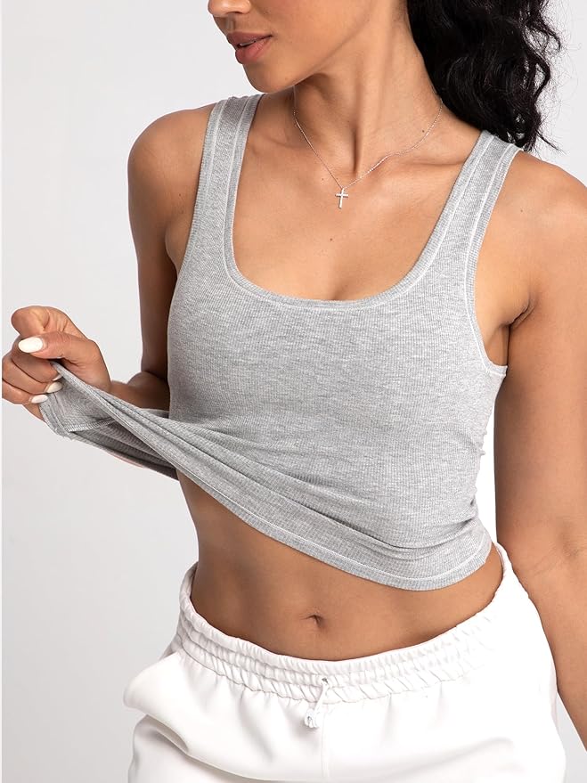 Danysu Women Rib Tank Top Padded Workout Top Square Neck Crop Tank Fitted Basic Cami Tops