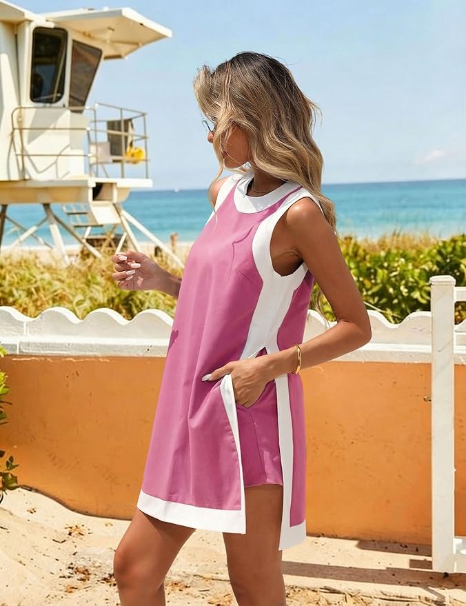 Hooever Women's 2 Piece Sets Casual Color Block Crewneck Short Sleeve Pullover Tops Matching Shorts with Pockets