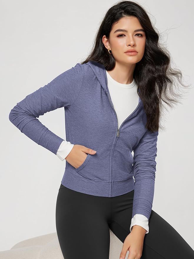 ODODOS Women's Full-Zip Cropped Hoodie - odSTRATUM Tech Ultra Soft UPF 50+ Hooded Jacket with Pockets