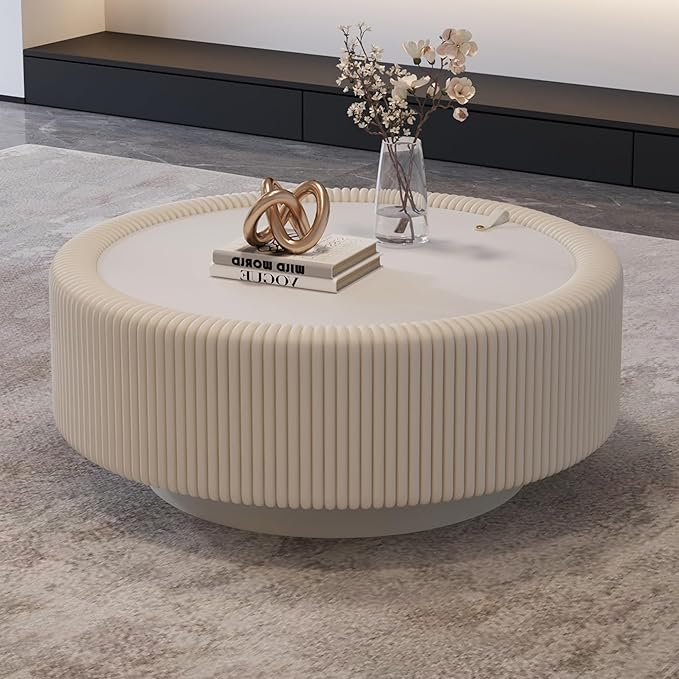 31.5" White Round Coffee Table with Storage, Tempered Glass Top PU Leather Body & Baked Enamel Base, Modern Minimalist Fluted Circle Center Tables for or Living Room, Bedroom, Apartment