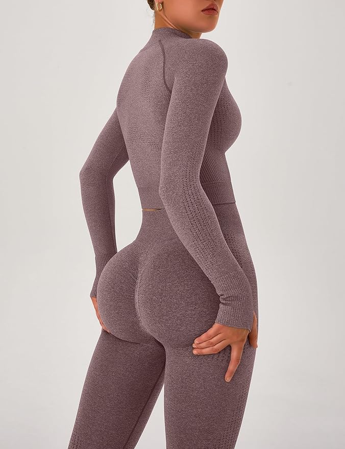 OLCHEE Womens Workout Sets 2 Piece Seamless Yoga Outfits Long Sleeve Zipper Jacket High Waist Leggings Butt Lifting Gym Set