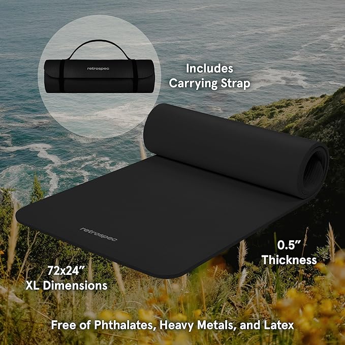 Retrospec Solana Yoga Mat Thick 1/2in Non-Slip Workout Mat with Nylon Strap - 72x24in Exercise Mat for Pilates, Stretching & Fitness - BPA Free, Easy Clean