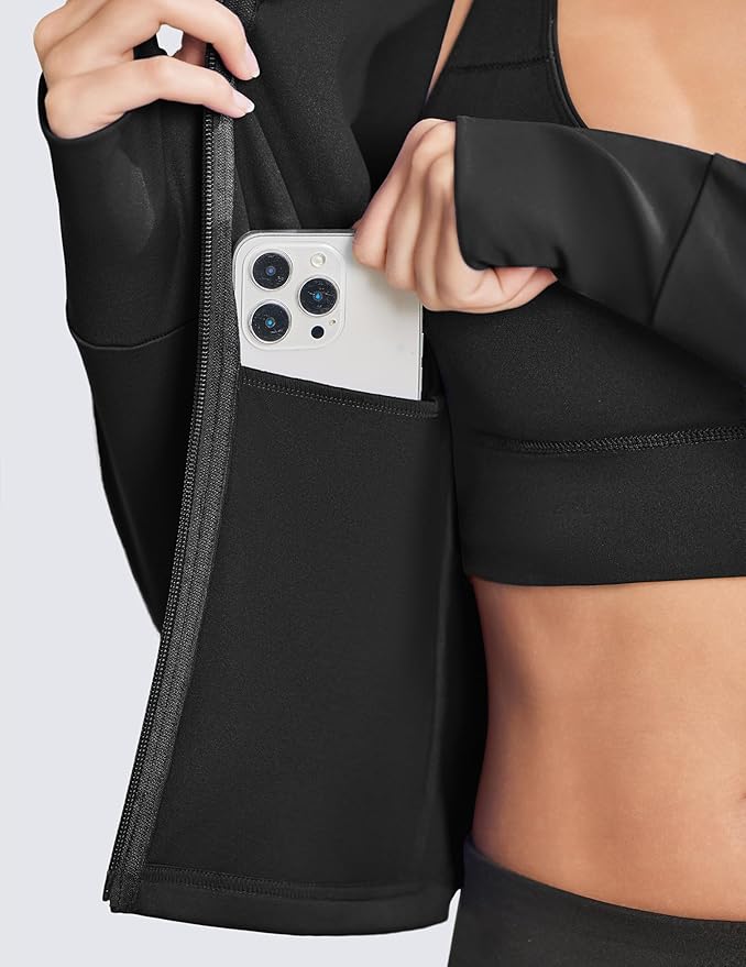 PINSPARK Women Cropped Workout Jackets Full Zip Slim Fit Athletic Jackets Thumb Holes Running Jacket with Zipper Pockets