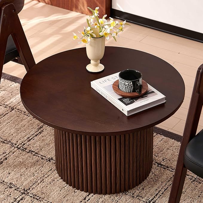 NORDICANA Single Accent Round Coffee Table, 27.5 Inch Wide 16.7 Inch Tall Walnut Color Farmhouse Center Table for Living Room, Manufactured Wood Top with Walnut Veneer