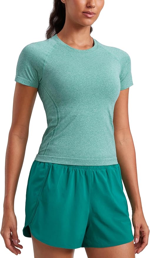 CRZ YOGA Seamless Workout Tops for Women Waist Length - Running Gym Athletic Yoga Short Sleeve Shirts Breathable Crewneck