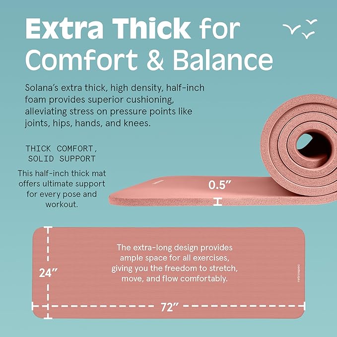Retrospec Solana Yoga Mat Thick 1/2in Non-Slip Workout Mat with Nylon Strap - 72x24in Exercise Mat for Pilates, Stretching & Fitness - BPA Free, Easy Clean