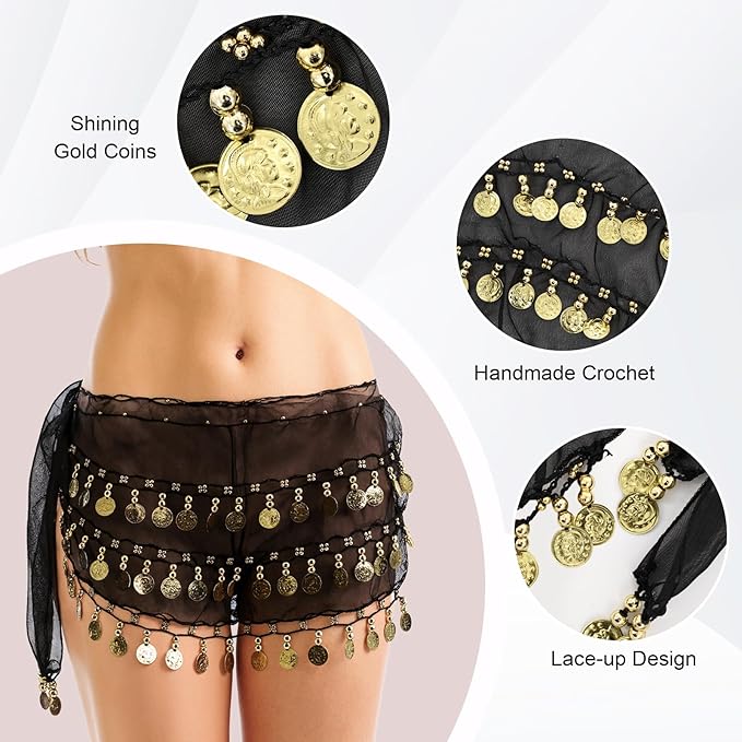 Belly Dance Hip Scarf Belly Dance Skirt 3-Layer Gold Sequins and Coins, Suitable for Yoga, Belly Dance, Performance