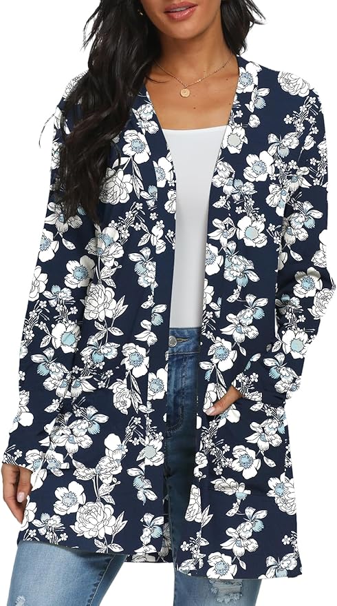 Womens Casual Lightweight with Pocketes Long Sleeve Open Front Cardigan