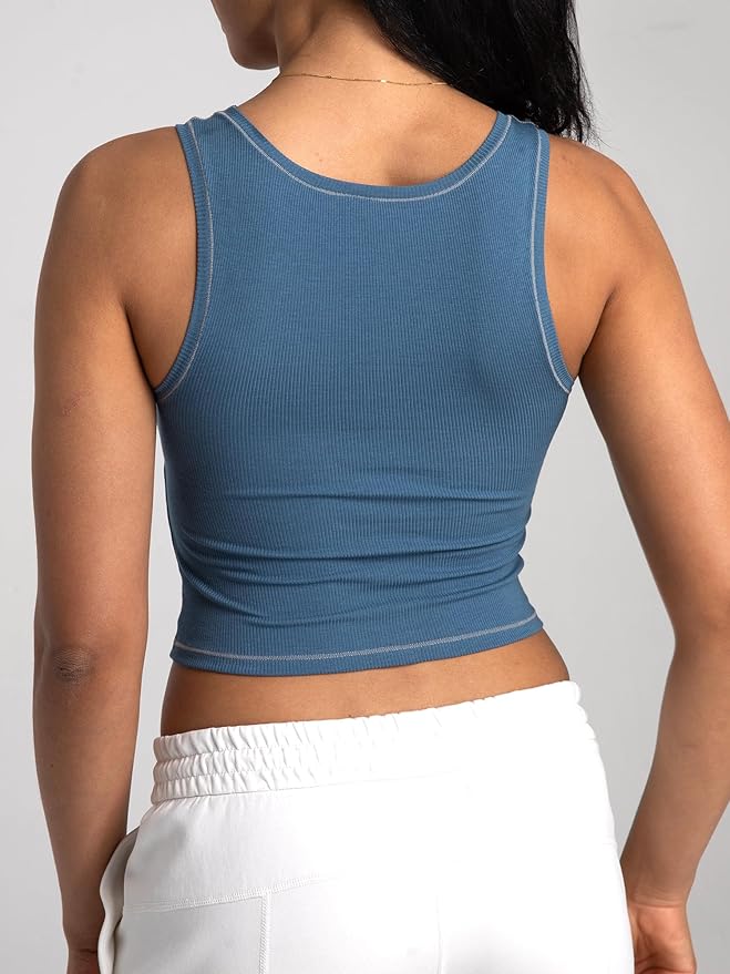 Danysu Women Rib Tank Top Padded Workout Top Square Neck Crop Tank Fitted Basic Cami Tops