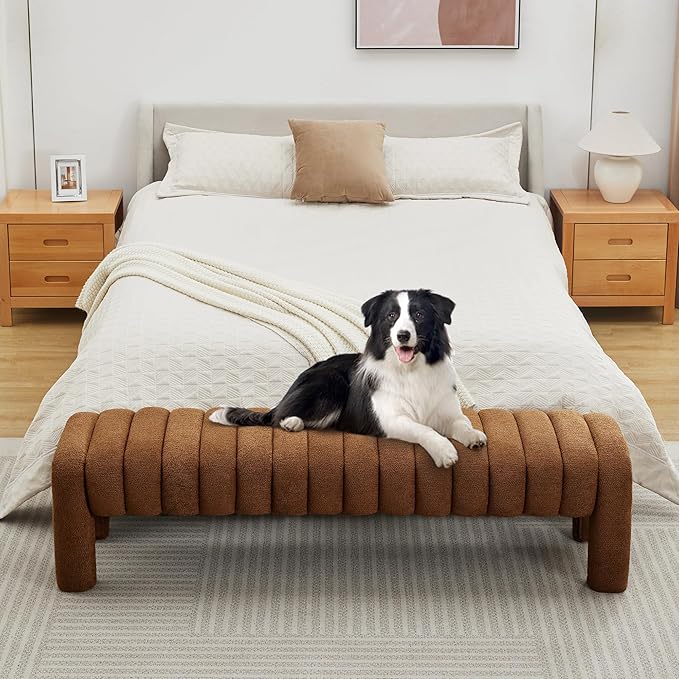 63" Upholstered Boucle Bench Bedroom, Padded King Size Long Ottoman Bench, Sherpa Window Seat for Living Room, Entryway, End of Bed, Rust Brown