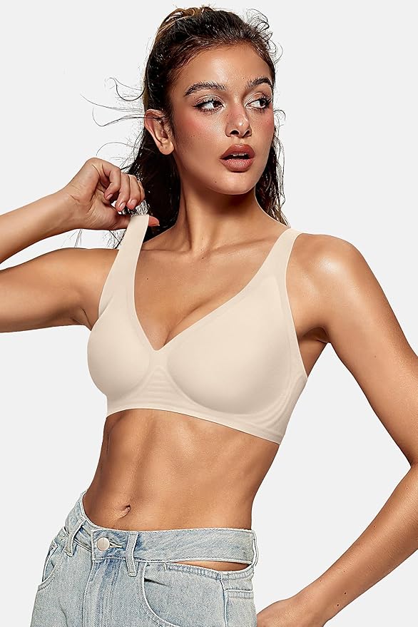 OEAK Womens Deep V Bras Wireless Comfortable Bra Supportive No Underwire Bras Tshirt Push Up Bralettes Plunge Seamless Bra