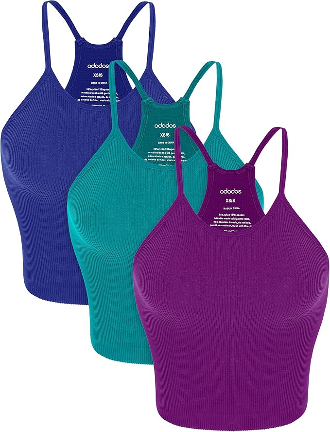 ODODOS Women's Crop 3-Pack Seamless Rib-Knit Camisole Crop Tank Tops
