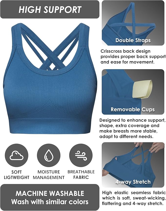 Sports Bras for Women HIigh Support, Criss-Cross Back Padded Strappy High Impact Sports Bras for Women Large Bust