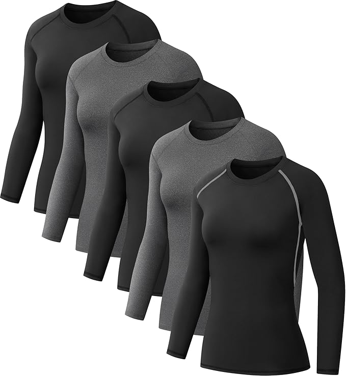 NebuKinex 5 Pack Women's Compression Shirt Long Sleeve Workout Tops Athletic Baselayer Quick Dry Gym Yoga Running T-Shirt
