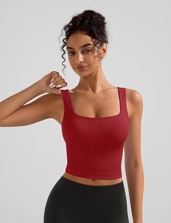 OLCHEE Womens 3 Pack Crop Tank Tops Basic Seamless Ribbed Sleeveless Square Neck Workout Top Summer Exercise Yoga Gym Shirts