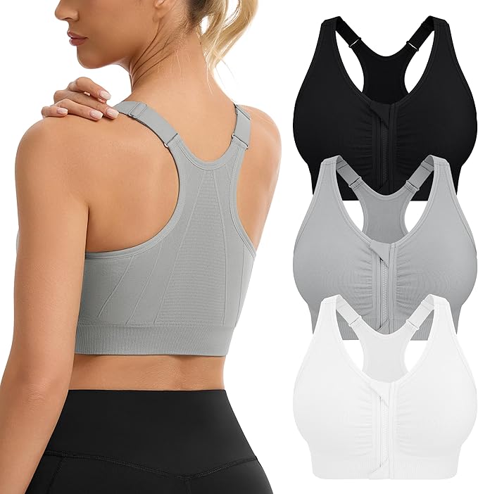 Women's Zip Front Sports Bra Wireless Post-Surgery Bra Active Yoga Sports Bras