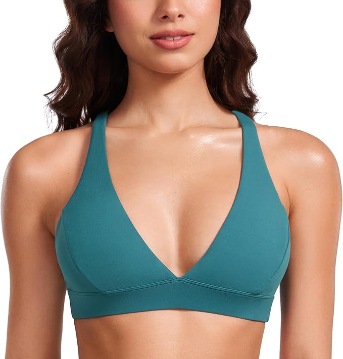 CRZ YOGA Butterluxe Deep V-Neck Sports Bras for Women - Spaghetti Strap Criss Cross Padded Top Low Coverage Wireless Yoga