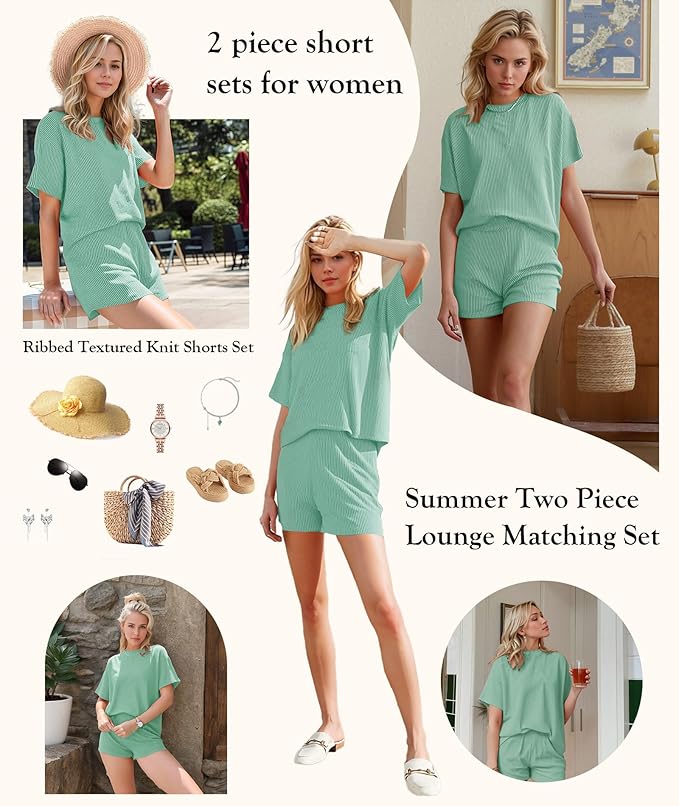 MARZXIN Women 2 Piece Shorts Set 2026 Casual Summer Cruise Outfits Ribbed Loose Short Sleeve Pocket Matching Lounge Sets