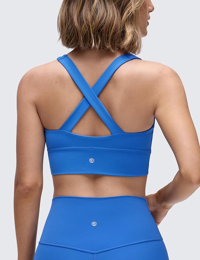 CRZ YOGA Butterluxe Ruched Longline Sports Bras for Women - V Neck Padded Yoga Tank Wide Straps Cross Back Crop Tops