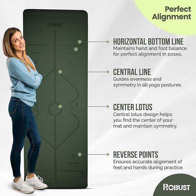 Robust Extra Thick Yoga Mat 1/4 & 1/3 & 2/5 Inch - Non Slip Exercise Mat with Alignment Lines, Carrying Strap, TPE Eco-Friendly Material for Knee Support, Sweat-Proof 72" x 24" for Women & Men