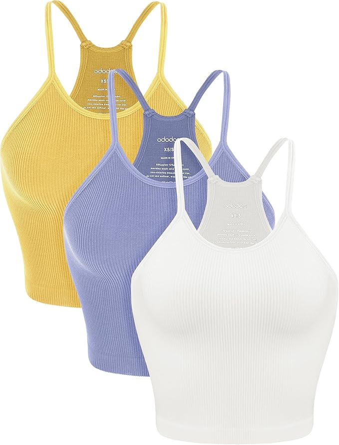 ODODOS Women's Crop 3-Pack Seamless Rib-Knit Camisole Crop Tank Tops