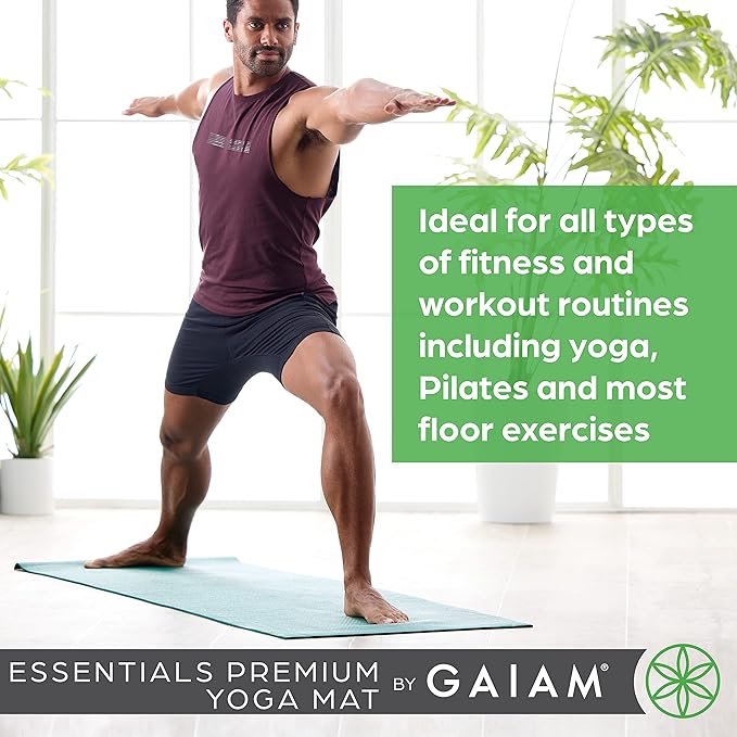 Gaiam Essentials 1/4" Thin (6mm) Yoga & Pilates, Fitness & Exercise Mat with Easy-Cinch Carrier Strap Cusion Support For Fitness and Gym Workouts