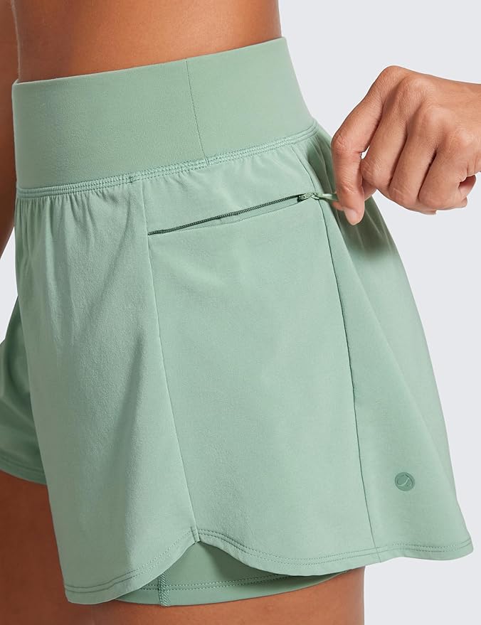 CRZ YOGA 2 in 1 Double Layer Running Shorts for Women 3" - High Waisted for Athletic Tennis Workout with Zip Pockets