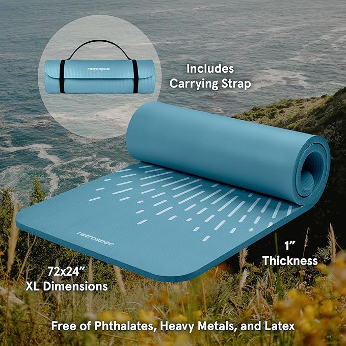 Retrospec Solana Yoga Mat 1" Thick w/Nylon Strap for Men & Women - Non Slip Exercise Mat for Home Yoga, Pilates, Stretching, Floor & Fitness Workouts