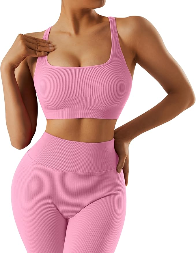 RXRXCOCO Ribbed Workout Sets for Women 2 Piece Backless Strappy Sports Bra Seamless Leggings Matching Set Yoga Outfits