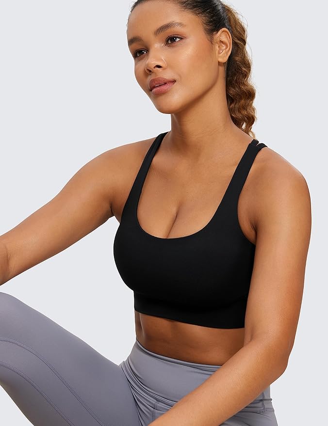 CRZ YOGA Naked Feeling Strappy Longline Sports Bras for Women - Medium Impact Criss Cross Yoga Padded Workout Crop Top