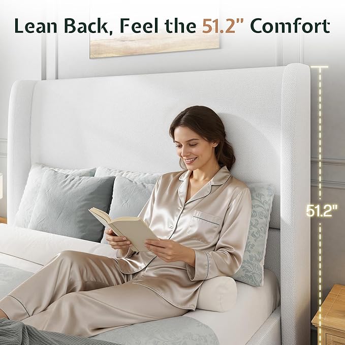Jocisland Queen Size Bed Frame 51.2" Wingback Headboard Linen Upholstered Platform Bed with Solid Wood Legs & Wooden Slats, No Box Spring Needed, Modern Minimalist Style, Easy Assembly, White
