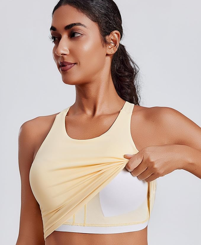 PINSPARK Women Sports Bra High Neck Racerback Workout Crop Tank Top Longline Padded Yoga Tops with Built in Pads