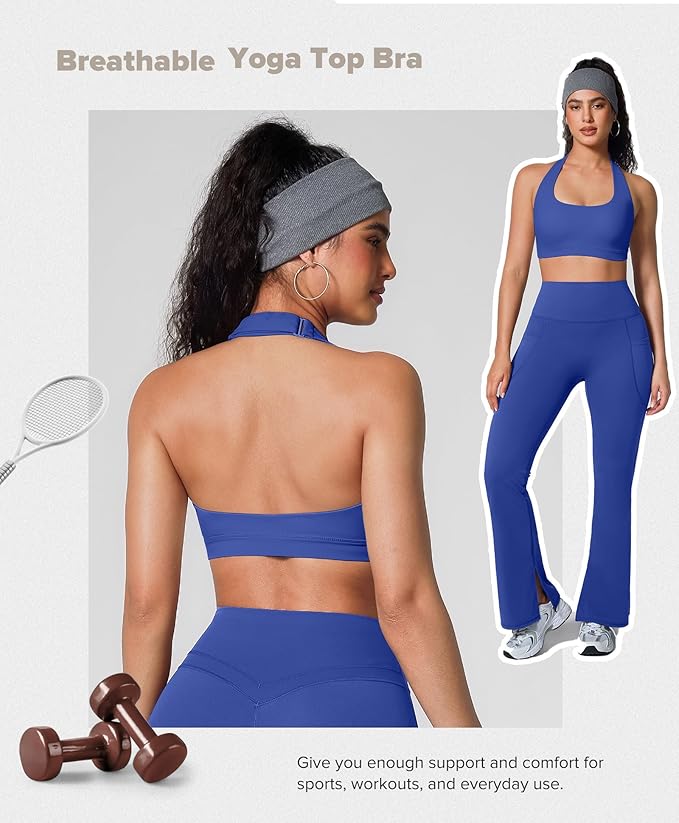 BRXL Halter Sports Bras for Women Adjustable Built in Bra Backless Workout Push Up Bras Low Impact Gym Yoga Tops