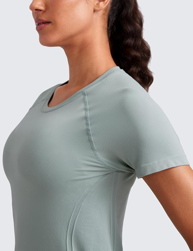 CRZ YOGA Seamless Workout Tops for Women Waist Length - Running Gym Athletic Yoga Short Sleeve Shirts Breathable Crewneck