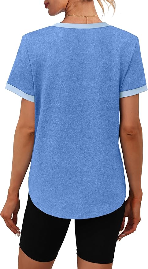 Womens Workout Tops Summer Short Sleeve Shirts Athletic Color Block Gym Clothes Outfits Sun Protection UPF 50+ T Shirts