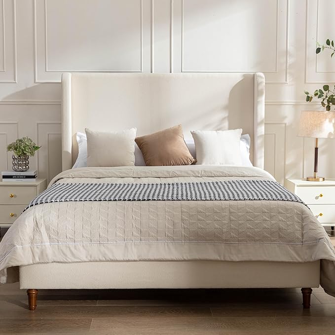 Upholstered Bed Frame Queen Size, 54" Tall Headboard Wingback Upholstered Platform Bed Frame for Kids Teens Adults Bedroom Strong Wood Slats Support/No Box Spring Needed/Easy Assembly, Beige