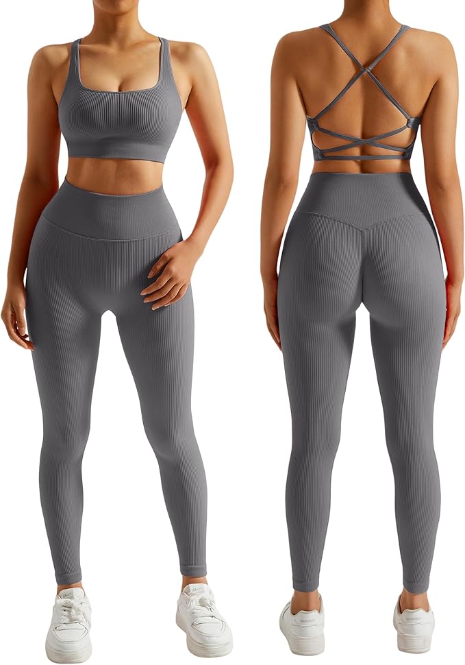 RXRXCOCO Ribbed Workout Sets for Women 2 Piece Backless Strappy Sports Bra Seamless Leggings Matching Set Yoga Outfits