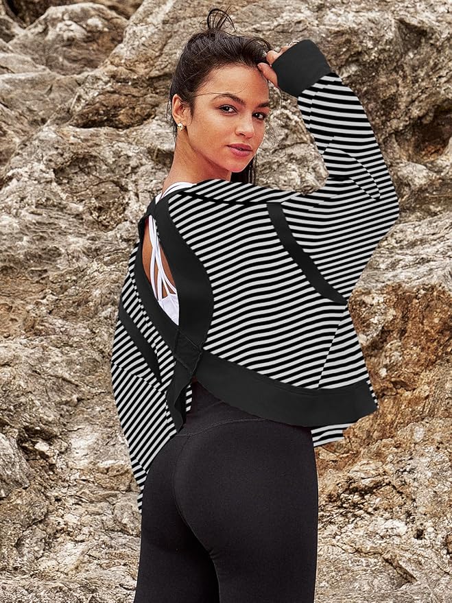 Panadila Womens Open Back Workout Top Long Sleeve Athletic Shirts Casual Crop Running Tee Y2k Yoga