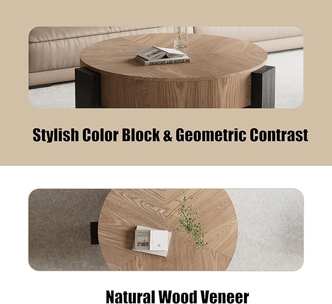 33'' Round Coffee Table with Hidden Storage, Modern Wood Veneer Top, 3 Block Legs Sturdy Center Accent Table for Living Room, Small Space, Natural Wood & Black