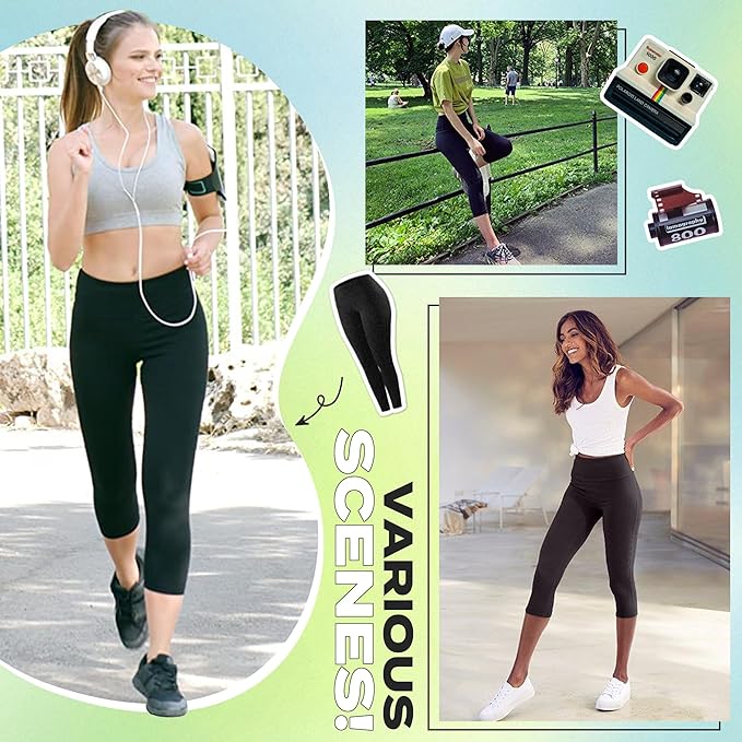 NexiEpoch 4 Pack Leggings for Women - High Waisted Tummy Control Soft Black Capri Yoga Pants with Pockets for Workout