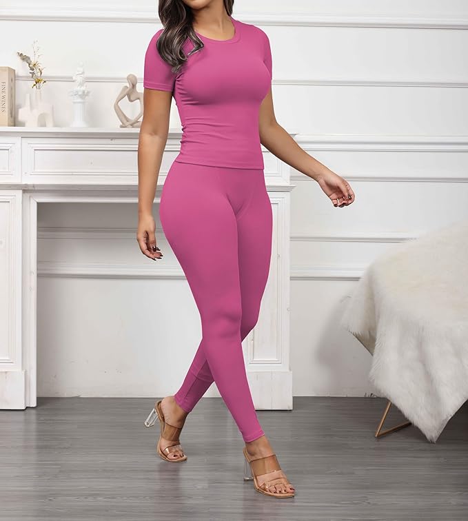 PINSV 2 Piece Sets for Women Summer Casual Jogger Workout Outfits Fitted Crew Neck T-shirt High Waist Legging Sets